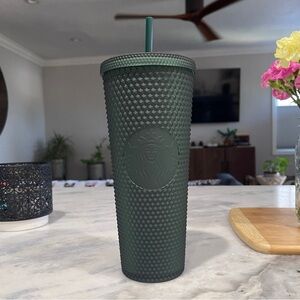 Starbucks studded Textured matte Dark Green emerald Tumbler with Straw 24 oz NWT